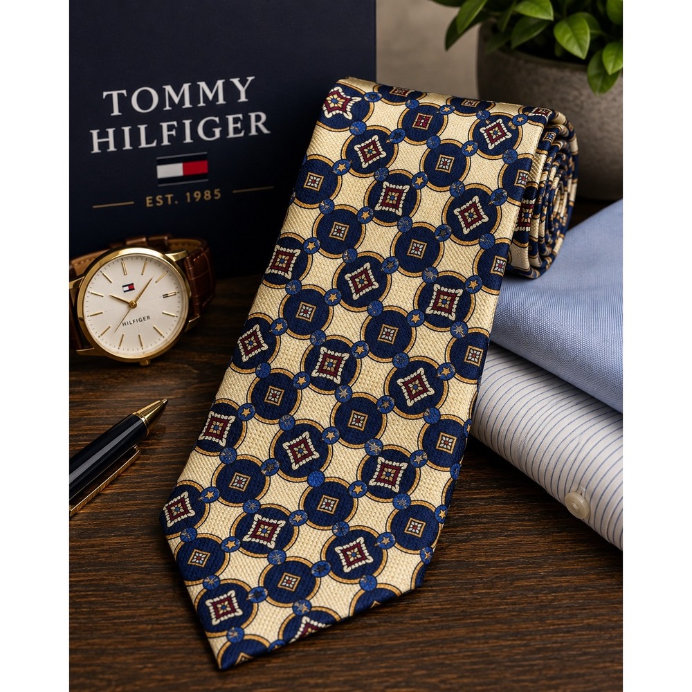 Tommy Hilfiger 100% Silk Necktie Blue Ivory Geometric Medallion Pattern Classic